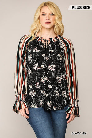 Print Mixed Peasant Smocked Top