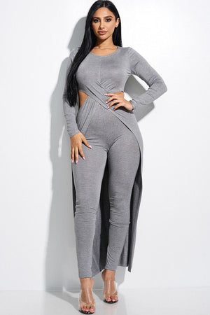 Solid Heavy Rayon Spandex Long Sleeve Crossed Over Long Top And Leggings 2 Piece Set