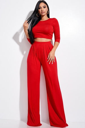 Solid 3/4 Sleeve Top And Wide Leg Pleated Pants Two Piece Set