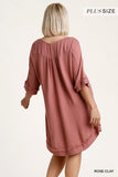 Linen Blend Round Neck Half Sleeve Dress With Chest Pocket And Frayed Edge Detail