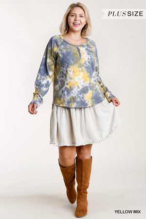 Tie-dye Button Front Long Raglan Sleeve Top With Raw Hem