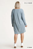 Long Raglan Sleeve Round Neck Raw Edged Detail Dress With Side Slits And Pockets