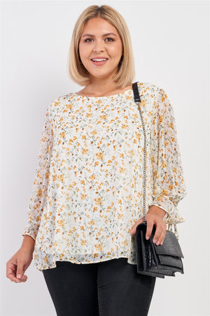 Plus Size Ivory Yellow Floral Print Relaxed Fit Draw String Self Tie Puff Midi Sleeve Top