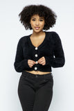 Eyelash Knit Cropped Cardigan With Pearl Button Details