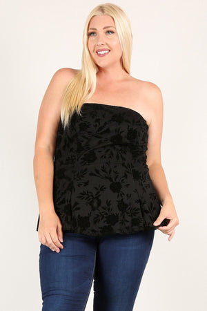 Plus Size Floral Mesh Flocking Tube Top With Flare Bodice