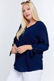 Solid V-neck 3/4 Sleeve Tie Accent Blouse Top