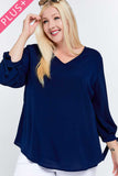 Solid V-neck 3/4 Sleeve Tie Accent Blouse Top