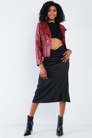 Satin Ruffle Waist Midi Skirt