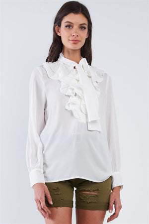 Vintage White Ruffle Button Down Self Tie Chest Long Sleeve Blouse Top