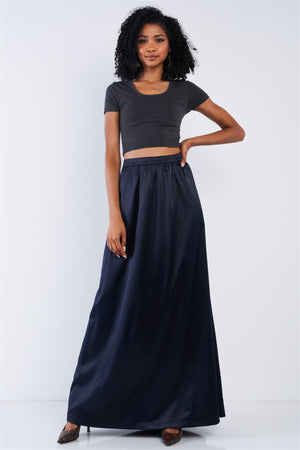 Solid Navy Blue Satin High Waist Flowing Maxi Skirt