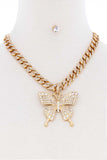 Rhinestone Butterfly Chunky Chain Necklace With Earring Set