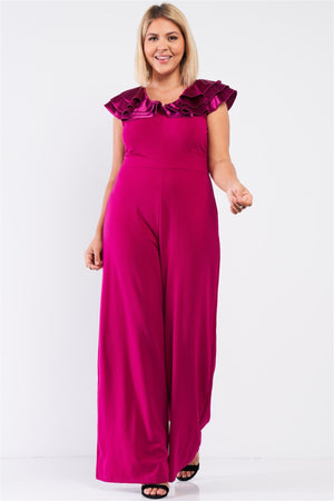 Plus Sleeveless Satin Ruffle Shoulder Detail V-neck Wide Leg Jumpsuit