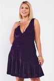 Plus Size Purple Velvet Sleeveless Deep Plunge V-neck Swing Bottom Dress