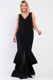 Plus Sleeveless V-neck Front Slip Layered Flare Hem Maxi Mermaid Dress