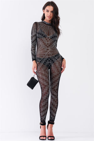 Sexy Rhinestone Mesh Long Sleeve Mock Neck Bodycon Jumpsuit