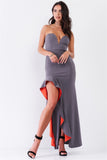 Sleeveless Plunging Sweetheart Neckline Ruffle Trim Front Slit Detail Fitted Maxi Dress