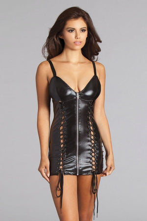 Wet Look Dress With Zip Front And Eyelet Detail