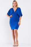 Plus Royal Blue Ruched Short Sleeve V-neck Empire Waist Mini Dress