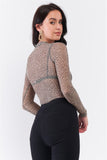 Taupe & Black Cheetah Sheer Mesh Mock Neck Long Sleeve Bodysuit