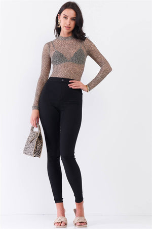 Taupe & Black Cheetah Sheer Mesh Mock Neck Long Sleeve Bodysuit