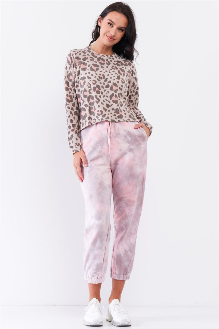 Taupe & Pink Leopard Print Crew Neck Relaxed Long Sleeve Top