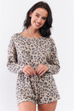 Taupe Leopard Print Long Sleeve Self-tie V-back Detail Draw-string Tie Waistline Romper