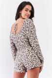 Taupe Leopard Print Long Sleeve Self-tie V-back Detail Draw-string Tie Waistline Romper