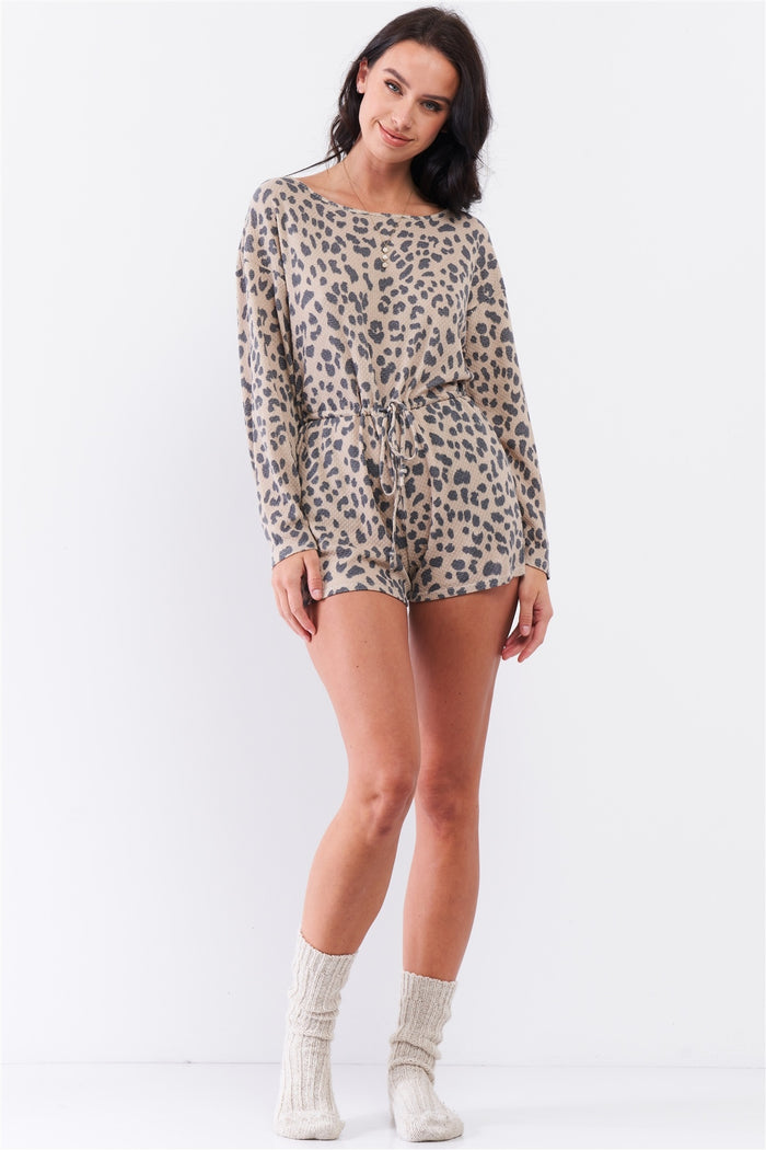 Taupe Leopard Print Long Sleeve Self-tie V-back Detail Draw-string Tie Waistline Romper