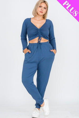 Plus Size Strap Ruched Top And Jogger Pants Set