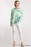 Tie Dye Round Neck Ribbed Button Front Top With Round Hem