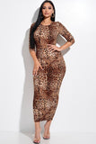 Animal Print 3/4 Sleeve Midi Dress With Back Cut Out