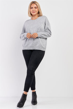 Plus Size Heather Grey Soft Ribbed Fleece Long Sleeve Sweater