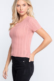 Short Slv Crew Neck Pointelle Sweater Top