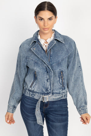 Ribbed Hem Belted Denim Jacket