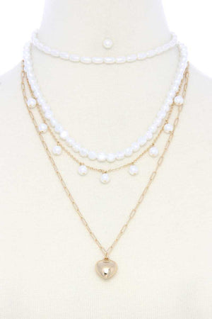 Puffy Heart Charm Pearl Bead Layered Necklace