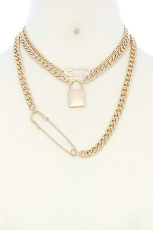 Safety Pin Lock Char Curb Link Layered Necklace