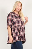 Plus Size Roll Sleeve Baby Doll Plaid Tunic Top