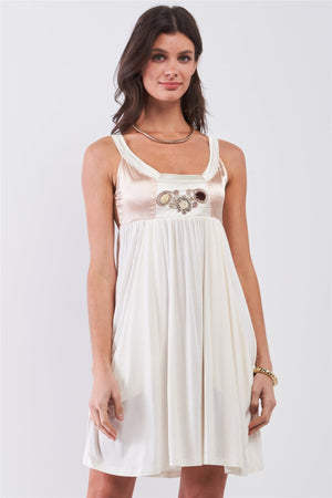 Dear Juliet White & Champagne Gold Sleeveless Embroidered Satin Detail Mini Dress