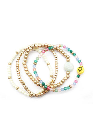 Multi Glass Metal Bead Smile Stretch 4 Pc Bracelet