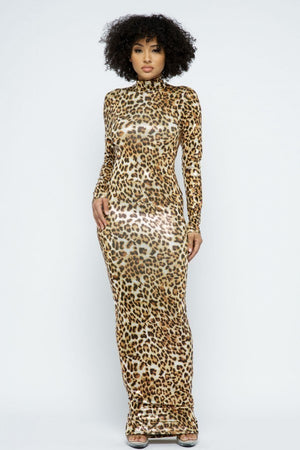 Animal Foil Mock Neck Body Con Maxi Dress