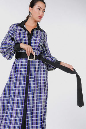 Plaid Shirt Maxi Dress With Gold Buckle Belt