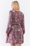 Plus Washed Burgundy Floral Print Long Puff Sleeve Relaxed Mini Dress