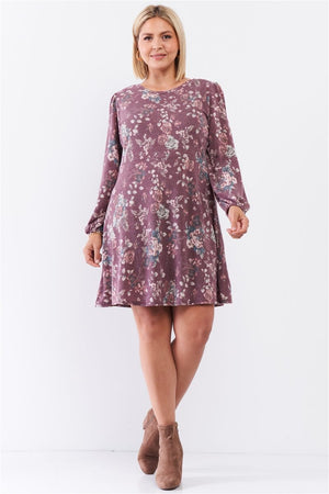 Plus Washed Burgundy Floral Print Long Puff Sleeve Relaxed Mini Dress