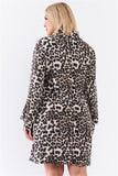 Plus Size Leopard Print Ribbed Cowl Neck Balloon Sleeve Mini Dress