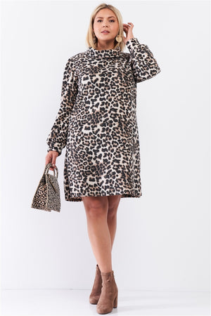 Plus Size Leopard Print Ribbed Cowl Neck Balloon Sleeve Mini Dress