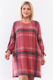 Plus Retro Red Plaid Bow Detail Midi Sleeve Relaxed Soft Mini Dress