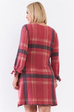 Plus Retro Red Plaid Bow Detail Midi Sleeve Relaxed Soft Mini Dress