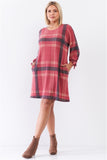 Plus Retro Red Plaid Bow Detail Midi Sleeve Relaxed Soft Mini Dress