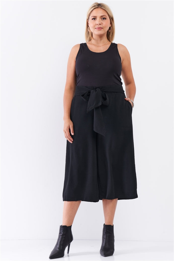 Plus Black Self-tie High Waist Detail Wide Leg Midi Length Pants