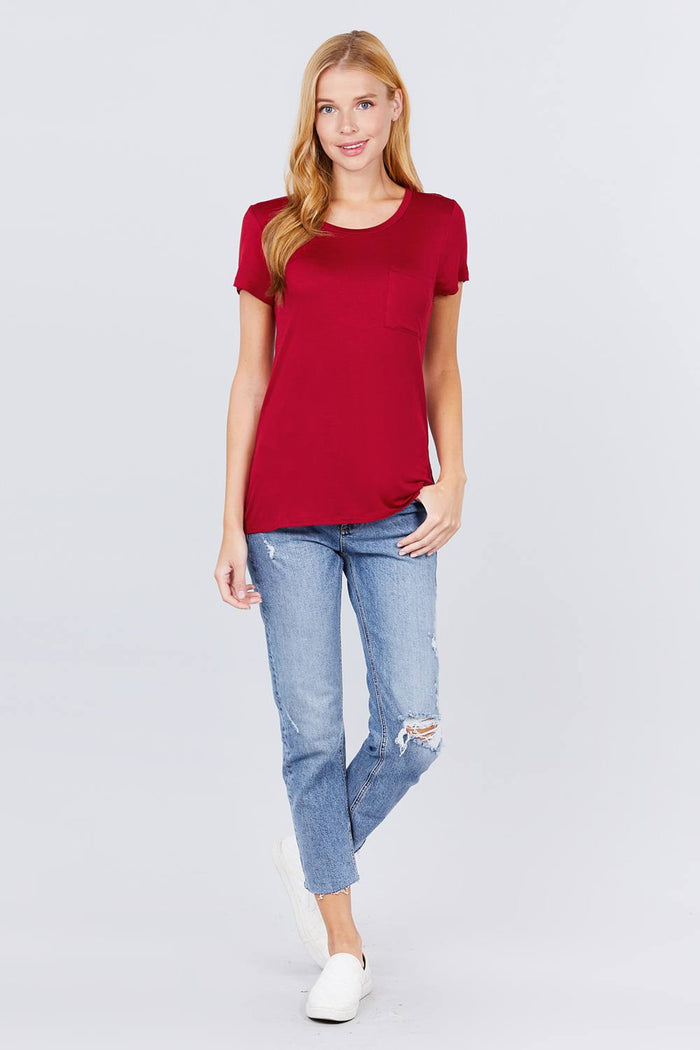 Short Sleeve Scoop Neck Top With Pocket